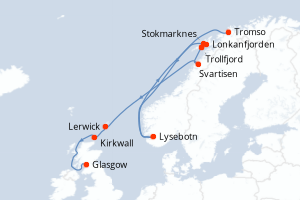 Carte itinéraire croisière Navigateur nordique ? Des étendues sauvages de Norvège aux îles écossaises - 10 jours au départ de Tromso - Europe du Nord