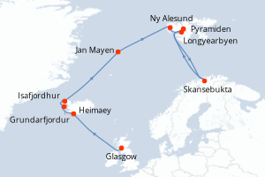 Carte itinéraire croisière Islande, Jan Mayen, Spitzberg : Découverte des îles de l Arctique depuis Glasgow - 12 jours au départ de Glasgow - Spitzberg