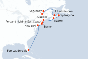 Carte itinéraire croisière Canadá y la América Colonial - 13 jours au départ de Quebec - Caraïbes Bahamas