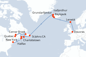 Carte itinéraire croisière Transatlántico del Norte - 22 jours au départ de Douvres - Transatlantique