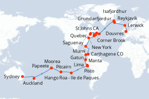 Carte itinéraire croisière Aventuras Oceánicas - 60 jours au départ de Douvres - Australie Nouvelle Zélande