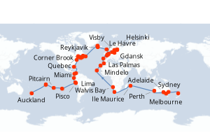 Carte itinéraire croisière Vuelta al Mundo desde Auckland - 115 jours au départ de Auckland - Tour du Monde