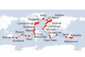Carte itinéraire croisière Vuelta al Mundo desde Sídney - 115 jours au départ de Sydney - Tour du Monde