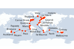 Carte itinéraire croisière Vuelta al Mundo desde Sídney - 117 jours au départ de Sydney - Tour du Monde