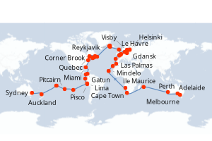 Carte itinéraire croisière Vuelta al Mundo - 113 jours au départ de Melbourne - Tour du Monde
