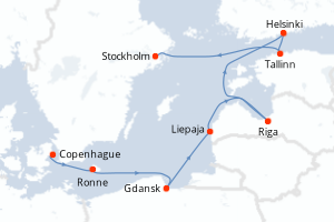 Carte itinéraire croisière Suède, Estonie, Finlande, Lettonie, Pologne, Danemark - 7 jours au départ de Copenhague - Europe du Nord