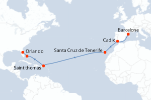Carte itinéraire croisière Espagne, Bahamas, États-Unis - 14 jours au départ de Barcelone - Transatlantique