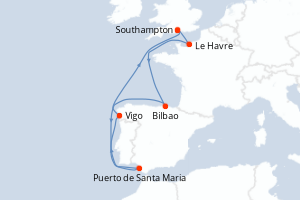 Carte itinéraire croisière Royaume-Uni, France, Espagne - 7 jours au départ de Southampton - Europe du Nord