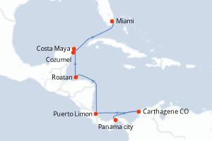 Carte itinéraire croisière Panama, Colombie, Costa Rica, Honduras, Mexique, États-Unis - 10 jours au départ de Panama city - Caraïbes Bahamas