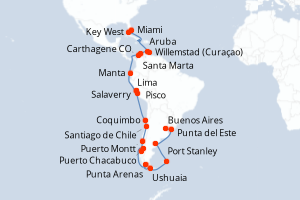 Carte itinéraire croisière États-Unis, Pays-Bas, Colombie, Équateur, Pérou, Chili, Argentine, Îles Malouines, Uruguay - 36 jours au départ de Miami - Amérique du Sud