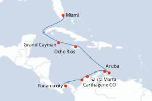 Carte itinéraire croisière Panama, Colombie, Pays-Bas, Jamaïque, Caïmans (Îles), États-Unis - 10 jours au départ de Panama city - Caraïbes Bahamas