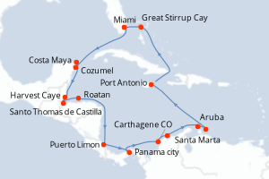 Carte itinéraire croisière États-Unis, Mexique, Belize, Guatemala, Honduras, Costa Rica, Panama, Colombie, Pays-Bas, Jamaïque, Bahamas - 20 jours au départ de Miami - Caraïbes Bahamas