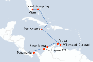 Carte itinéraire croisière Panama, Colombie, Pays-Bas, Jamaïque, Bahamas, États-Unis - 10 jours au départ de Panama city - Caraïbes Bahamas