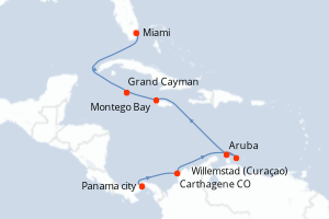Carte itinéraire croisière Panama, Colombie, Pays-Bas, Jamaïque, Caïmans (Îles), États-Unis - 10 jours au départ de Panama city - Caraïbes Bahamas