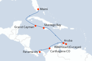 Carte itinéraire croisière États-Unis, Caïmans (Îles), Jamaïque, Pays-Bas, Colombie, Panama - 10 jours au départ de Miami - Canal de Panama