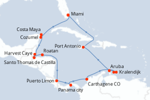 Carte itinéraire croisière États-Unis, Mexique, Belize, Guatemala, Honduras, Costa Rica, Panama, Colombie, Pays-Bas, Jamaïque - 20 jours au départ de Miami - Caraïbes Bahamas
