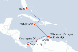 Carte itinéraire croisière Panama, Colombie, Pays-Bas, Jamaïque, États-Unis - 10 jours au départ de Panama city - Caraïbes Bahamas