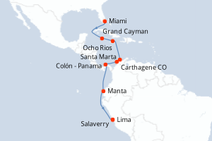 Carte itinéraire croisière États-Unis, Caïmans (Îles), Jamaïque, Colombie, Panama, Équateur, Pérou - 14 jours au départ de Miami - Amérique du Sud
