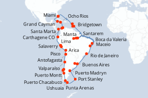 Carte itinéraire croisière États-Unis, Caïmans (Îles), Jamaïque, Colombie, Panama, Équateur, Pérou, Chili, Argentine, Îles Malouines, Uruguay, Brésil, Barbade, France, Saint Vincent-et-les-Grenadines - 65 jours au départ de Miami - Caraïbes Bahamas