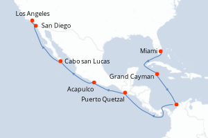 Carte itinéraire croisière États-Unis, Caïmans (Îles), Colombie, Guatemala, Mexique - 15 jours au départ de Miami - Amérique du Nord
