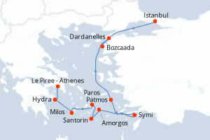 Carte itinéraire croisière Splendeurs antiques de mer Égée - 8 jours au départ de Istanbul - Méditerranée