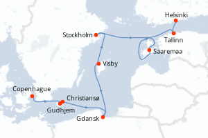 Carte itinéraire croisière Capitales et villes emblématiques de la Baltique - 8 jours au départ de Copenhague - Baltique