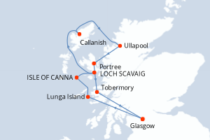 Carte itinéraire croisière Îles mythiques et paysages sauvages des Hébrides - 7 jours au départ de Glasgow - Europe du Nord