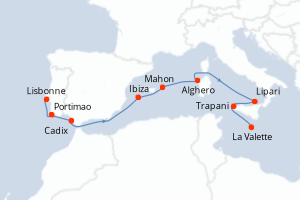 Carte itinéraire croisière Péninsule ibérique et joyaux de Méditerranée - 10 jours au départ de Lisbonne - Méditerranée