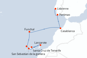 Carte itinéraire croisière Îles volcaniques et cités historiques de l Atlantique Nord - 9 jours au départ de Santa Cruz de Tenerife - Atlantique