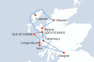 Carte itinéraire croisière Îles mythiques et paysages sauvages des Hébrides - 7 jours au départ de Glasgow - Europe du Nord