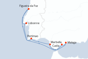 Carte itinéraire croisière Eclipse solaire totale entre Méditerranée et Atlantique - 7 jours au départ de Lisbonne - Atlantique
