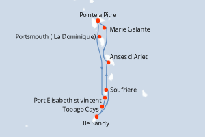 Carte itinéraire croisière Les îles du Vent à fleur d eau - 7 jours au départ de Pointe a Pitre - Caraïbes Bahamas
