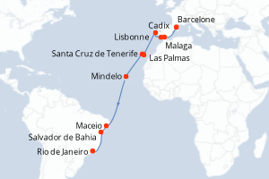 Carte itinéraire croisière Espagne, Portugal, Cap-Vert, Brésil - 19 jours au départ de Barcelone - Transatlantique