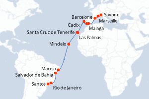 Carte itinéraire croisière France, Italie, Espagne, Portugal, Cap-Vert, Brésil - 22 jours au départ de Marseille - Transatlantique