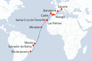 Carte itinéraire croisière Italie, Espagne, Portugal, Cap-Vert, Brésil - 20 jours au départ de Savone - Transatlantique