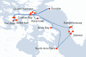 Carte itinéraire croisière Au c?ur du passage du Nord-Ouest - 19 jours au départ de Kangerlussuaq - Gröenland