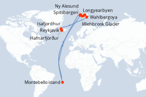 Carte itinéraire croisière Eclipse solaire totale dans le Grand Nord sauvage - 13 jours au départ de Longyearbyen - Europe du Nord
