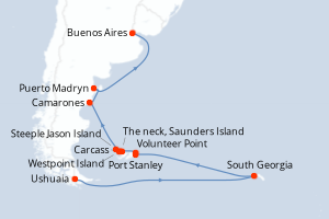 Carte itinéraire croisière Falkland, Géorgie du Sud et péninsule Valdés : au c?ur du monde sauvage - 18 jours au départ de Ushuaia - Amérique du Sud