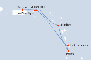 Carte itinéraire croisière France, Sainte-Lucie, Royaume-Uni, Porto Rico - 7 jours au départ de San Juan - Caraïbes Bahamas