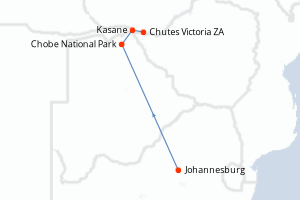 Carte itinéraire croisière Safari-croisière au fil du Zambèze - Afrique du Sud, Botswana, Namibie, Zimbabwe - 10 jours au départ de Johannesburg - Afrique du Sud