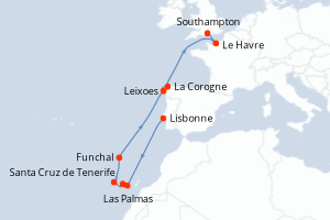 Carte itinéraire croisière Portugal, Espagne, France, Royaume-Uni - 11 jours au départ de Lisbonne - Europe du Nord
