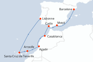 Carte itinéraire croisière Portugal, Espagne, Maroc - 9 jours au départ de Lisbonne - Méditerranée