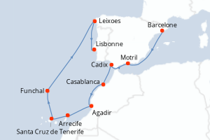 Carte itinéraire croisière Maroc, Espagne, Portugal - 11 jours au départ de Barcelone - Atlantique