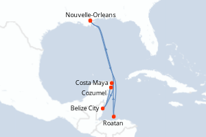 Carte itinéraire croisière États-Unis, Honduras, Belize, Mexique - 8 jours au départ de Nouvelle-Orleans - Caraïbes Mexique