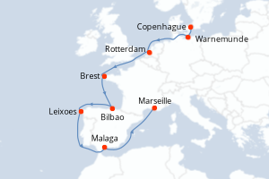 Carte itinéraire croisière Danemark, Allemagne, Pays-Bas, France, Portugal, Espagne - 13 jours au départ de Copenhague - Méditerranée