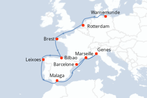 Carte itinéraire croisière Allemagne, Pays-Bas, France, Portugal, Espagne, Italie - 14 jours au départ de Warnemunde - Méditerranée