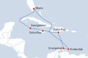 Carte itinéraire croisière États-Unis, Pays-Bas, Aruba, République Dominicaine, Jamaïque, Caïmans (Îles) - 10 jours au départ de Miami - Caraïbes Bahamas