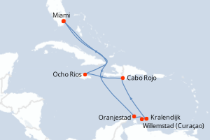 Carte itinéraire croisière États-Unis, Aruba, Pays-Bas, République Dominicaine, Jamaïque - 10 jours au départ de Miami - Caraïbes Bahamas