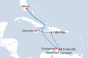 Carte itinéraire croisière États-Unis, Aruba, Pays-Bas, République Dominicaine, Jamaïque - 10 jours au départ de Miami - Caraïbes Bahamas