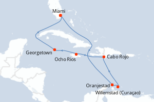 Carte itinéraire croisière États-Unis, Aruba, République Dominicaine, Jamaïque, Caïmans (Îles) - 10 jours au départ de Miami - Caraïbes Bahamas